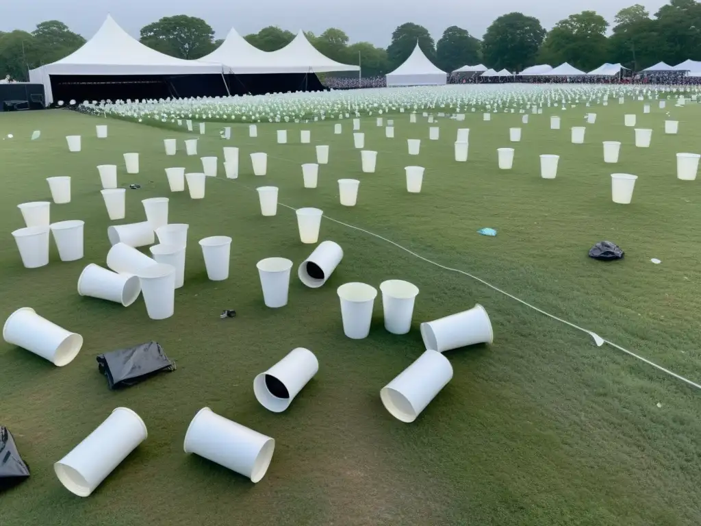 Campo de festival musical postevento con basura esparcida, luces apagadas y fuerte impacto ambiental industria musical