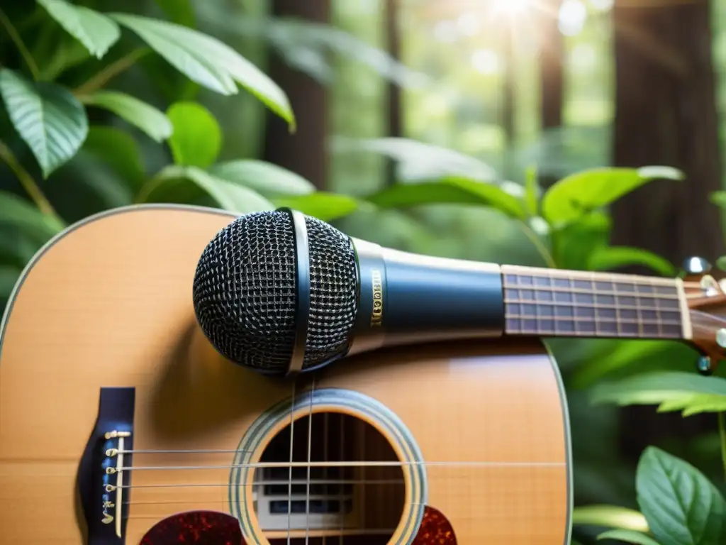 Grabación de campo de instrumentos: Micro y guitarra en el bosque, capturando la esencia y la belleza natural