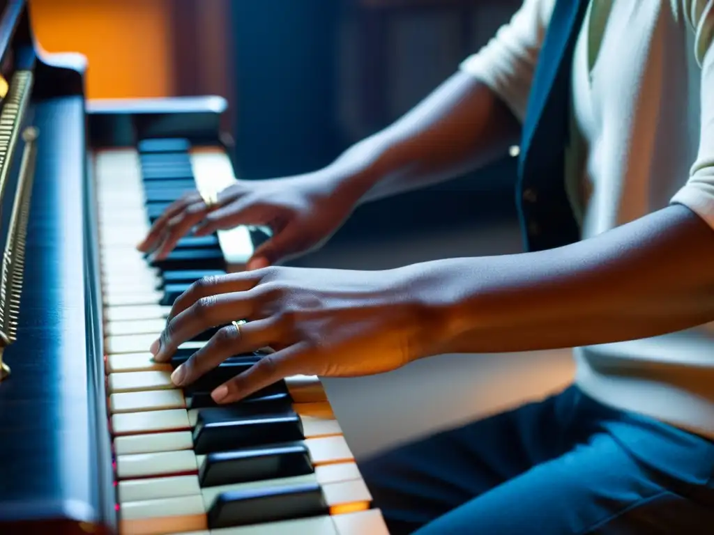 Un cantautor sensible tocando con delicadeza el teclado de un piano vintage, expresando pasión y emoción en su composición musical