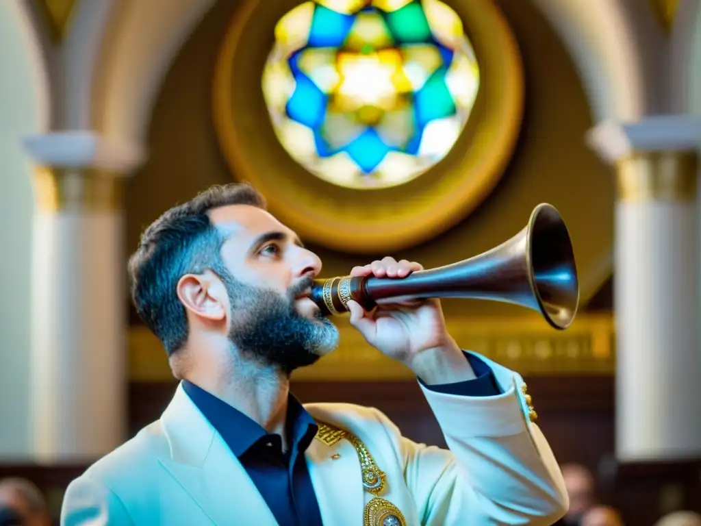 Un cantor sostiene un shofar en una hermosa sinagoga, resaltando la rica tradición musical y cultural en la práctica judía