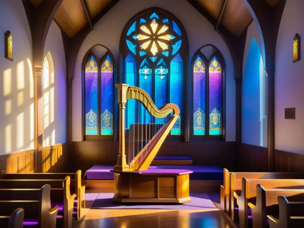 Una capilla celestialmente iluminada con luz dorada, reflejando en el arpa en el altar