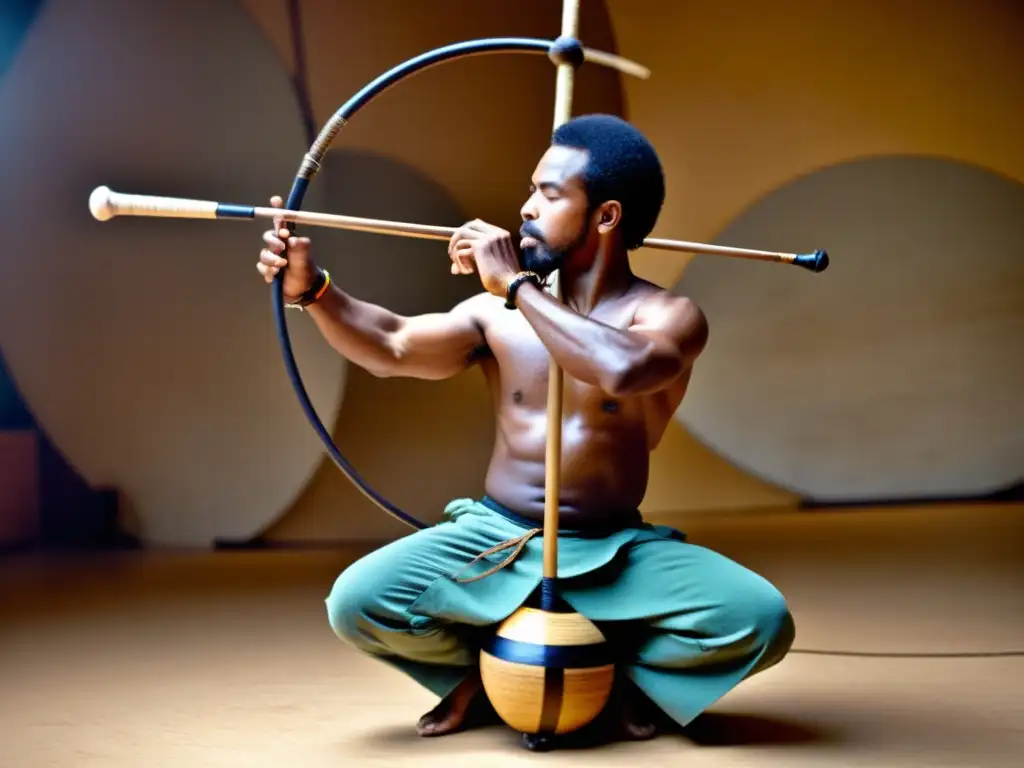 Un capoeirista toca un berimbau en una roda, en una imagen documental de alta resolución que muestra la energía y la historia de estos instrumentos