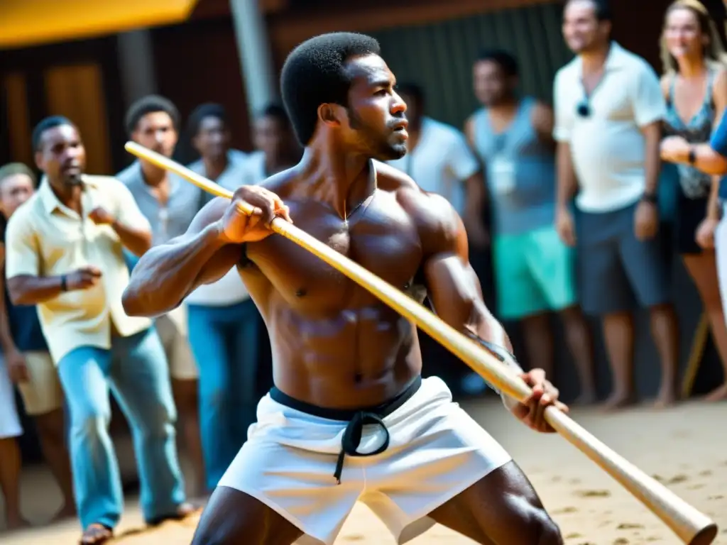 Un capoeirista experto tocando el berimbau en medio de un animado roda de capoeira