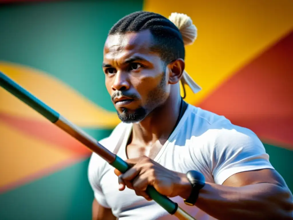 Un capoeirista habilidoso se prepara para tocar el berimbau en una vibrante roda de capoeira, con resonancias afro en la capoeira