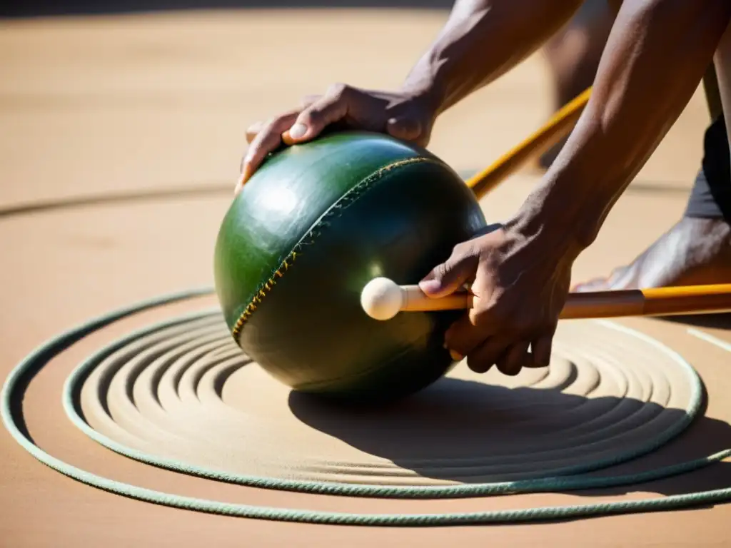 Un capoeirista hábil concentrad en la roda, tocando el berimbau