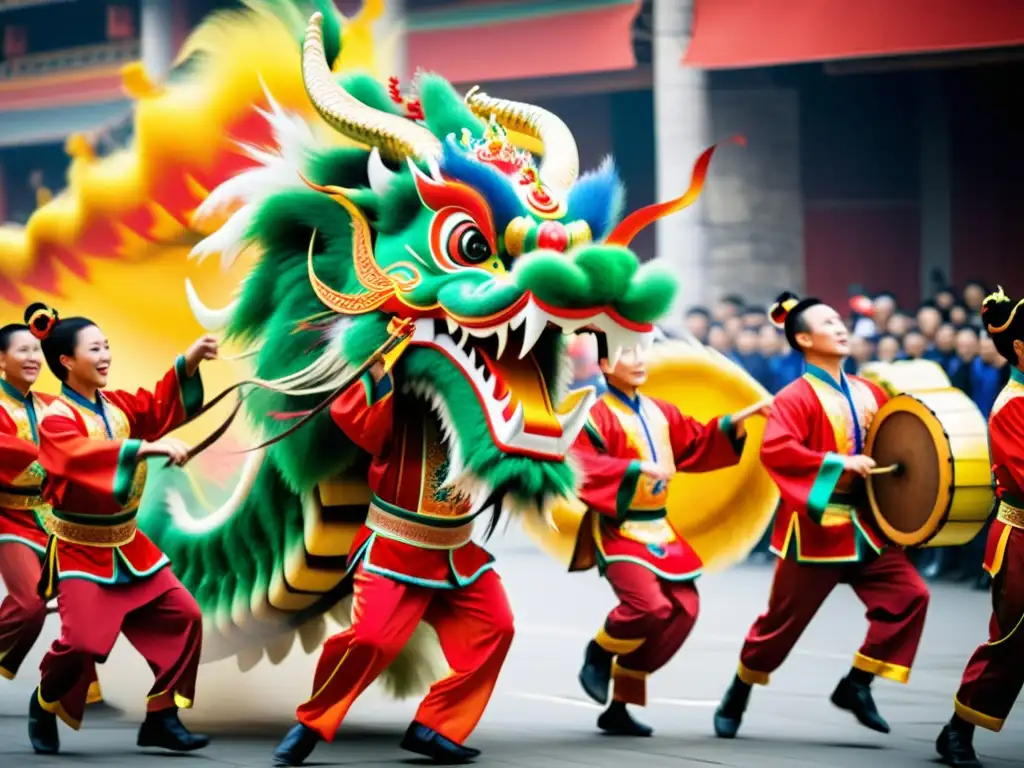 Un cautivador baile del dragón chino con vibrantes trajes y músicos tocando instrumentos musicales tradicionales chinos