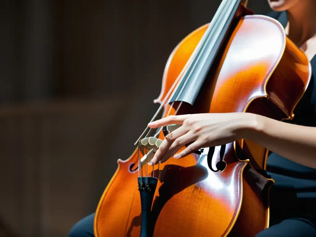 Un cellista colocando con cuidado una sordina en su instrumento, mostrando la concentración y técnica de sordina en instrumentos de cuerda