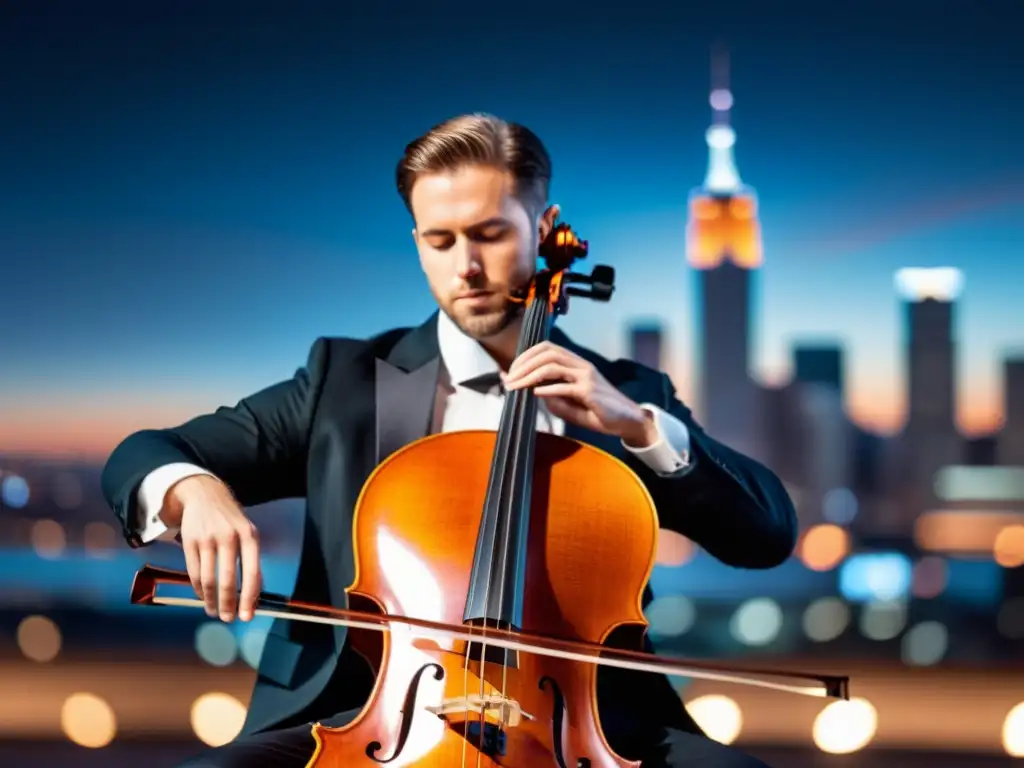 Un cellista profesional interpreta con pasión su violonchelo eléctrico en una ciudad moderna