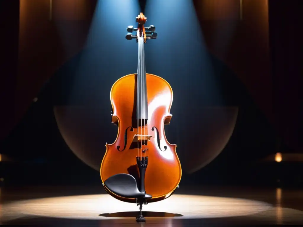 Un cello eléctrico negro reposa en un escenario iluminado, fusionando lo clásico y lo moderno en música