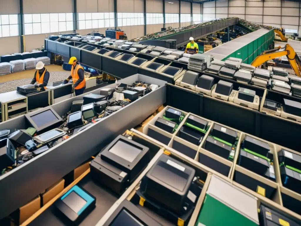 Un centro de reciclaje electrónico bullicioso, con trabajadores clasificando desechos digitales