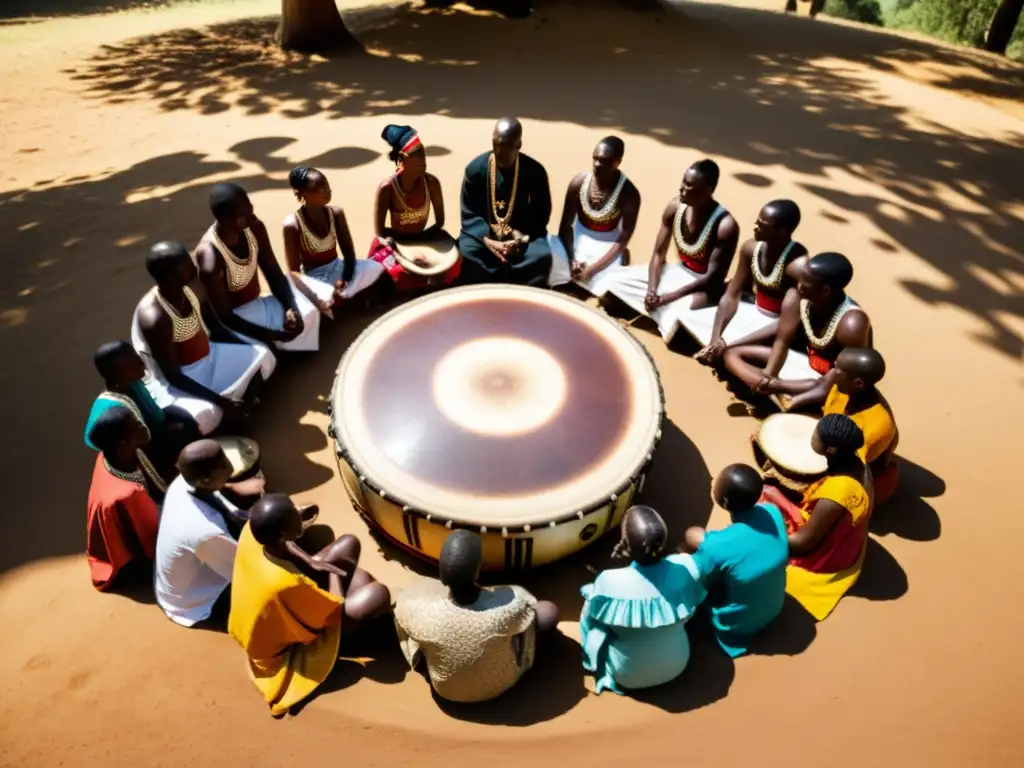 Ceremonia de tambor africano: hombres y mujeres en atuendos tradicionales tocan el tambor en un claro del bosque