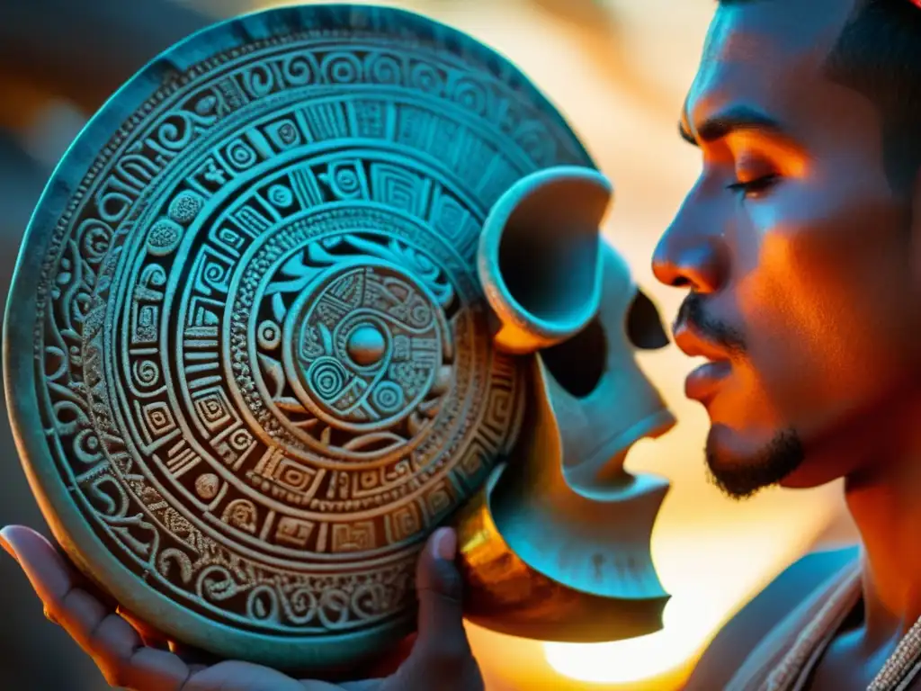 Un chamán maya sopla un caracol decorado en un ritual al atardecer, destacando el sonido del caracol en rituales ancestrales