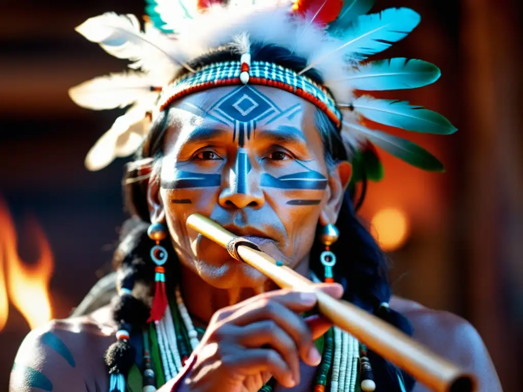 Un chamán nativo toca una flauta de madera durante una ceremonia de sanación, con atuendo tradicional y plumas coloridas