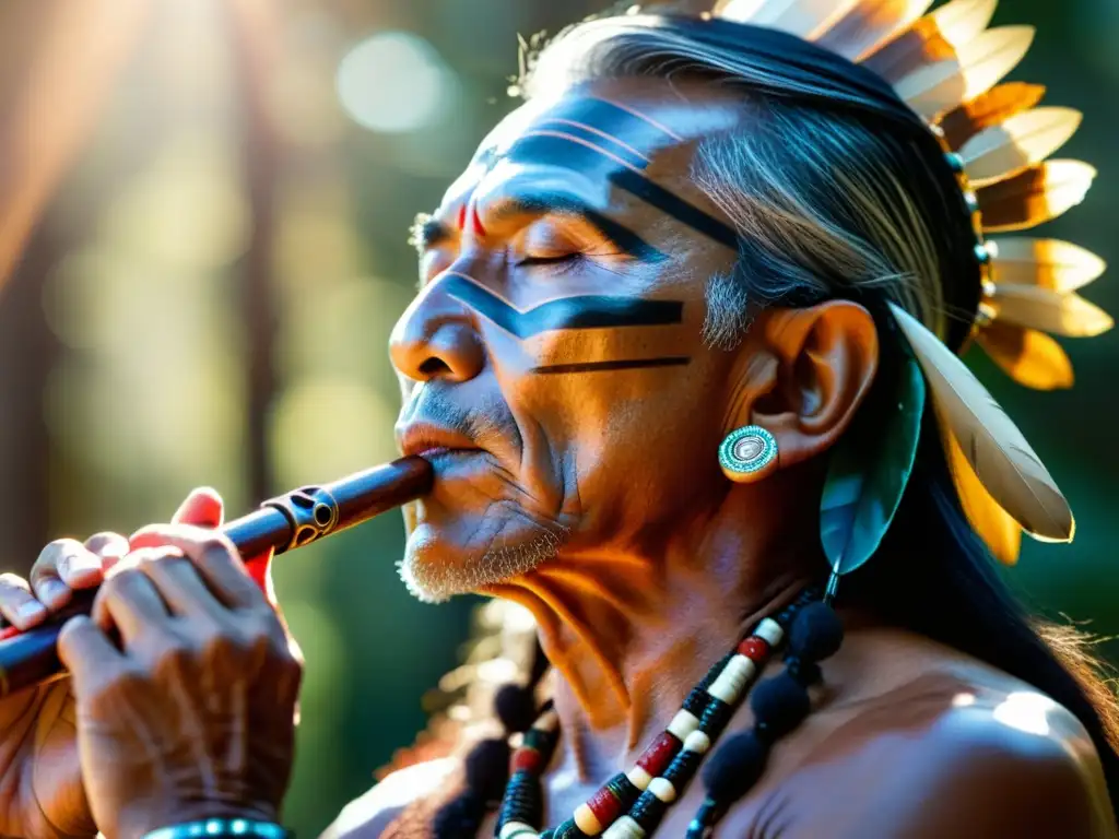 Un chamán nativo toca una flauta de madera tradicional, con luz filtrándose entre los árboles