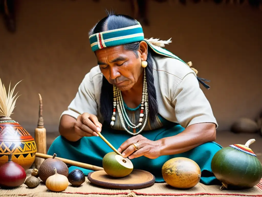 Un chamán peruano talla un instrumento musical sanador con materiales naturales, mostrando arte y tradición