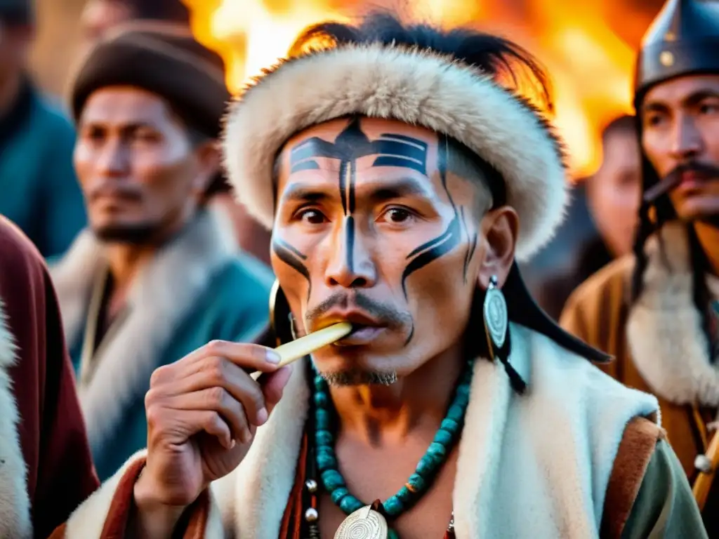 Un chamán siberiano realiza un ritual con El Arpa de Boca, rodeado de onlookers en vestimenta tradicional