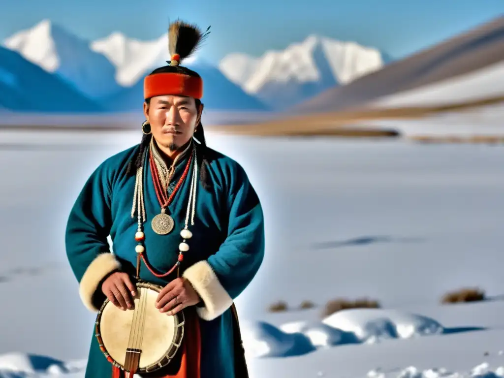 Un chamán tuvano tocando el Igil en un paisaje nevado, expresando el canto de garganta Tuvano