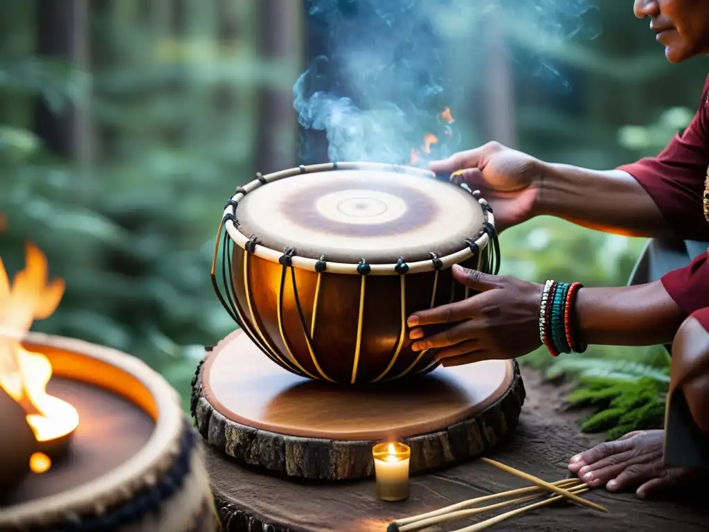 Tambor chamánico en la sanación: Ceremonia de sanación con el chamán tocando el tambor en un paisaje forestal místico