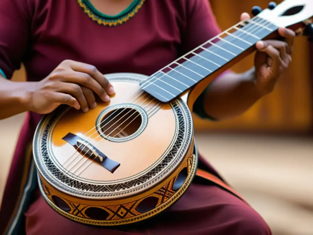 Un charango andino detallado muestra la artesanía y cuerdas, tocado por manos diestras