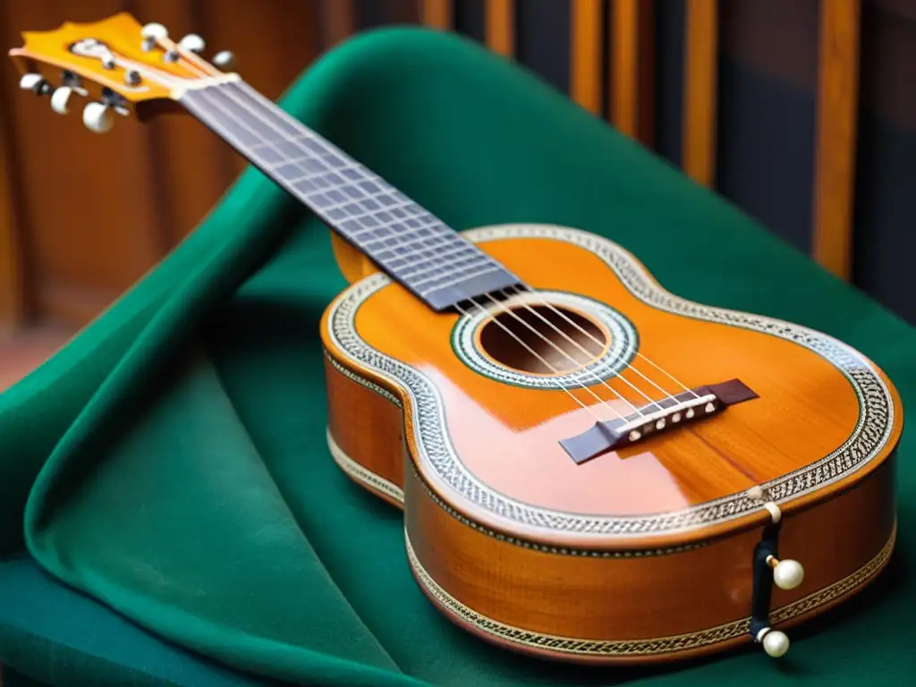 Un charango andino en detalle, con fina artesanía y cuerdas vibrantes, tocado con pasión en una atmósfera cultural