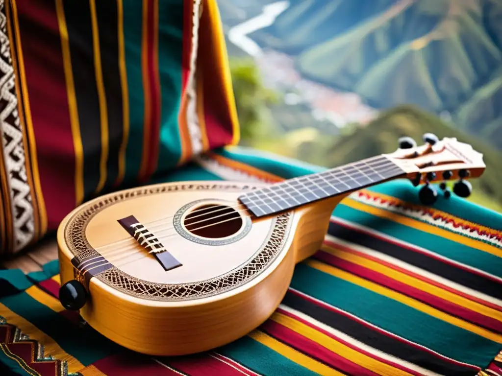 El charango, instrumento andino, destaca en un entorno natural, mostrando su artesanía y significado cultural