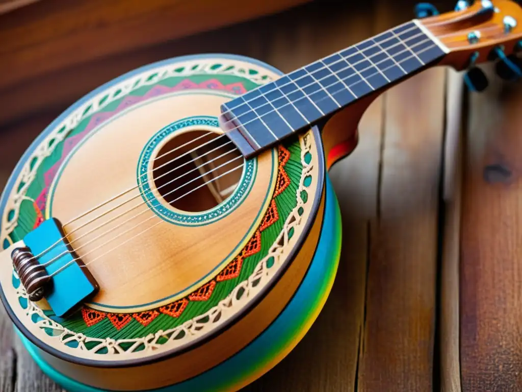 Un charango peruano tradicional con diseños vibrantes pintados a mano en la caja de resonancia y una pátina envejecida en el cuerpo de madera