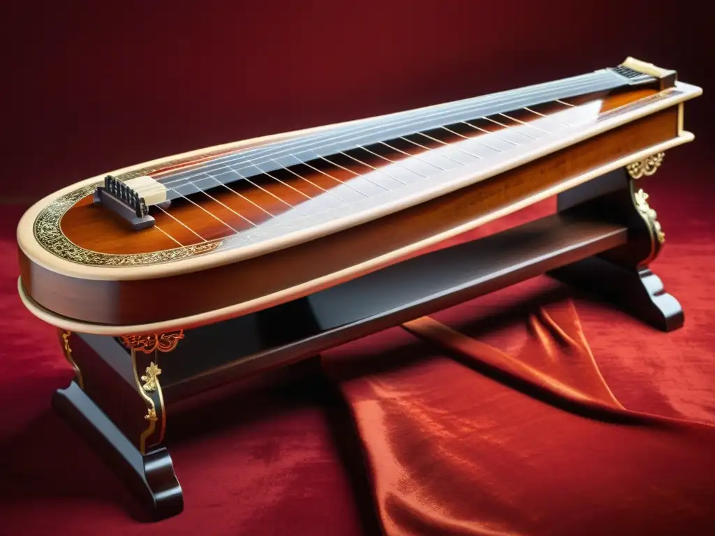 Un guzheng chino detallado en 8k, con adornos intrincados y diseños vibrantes sobre un fondo rojo