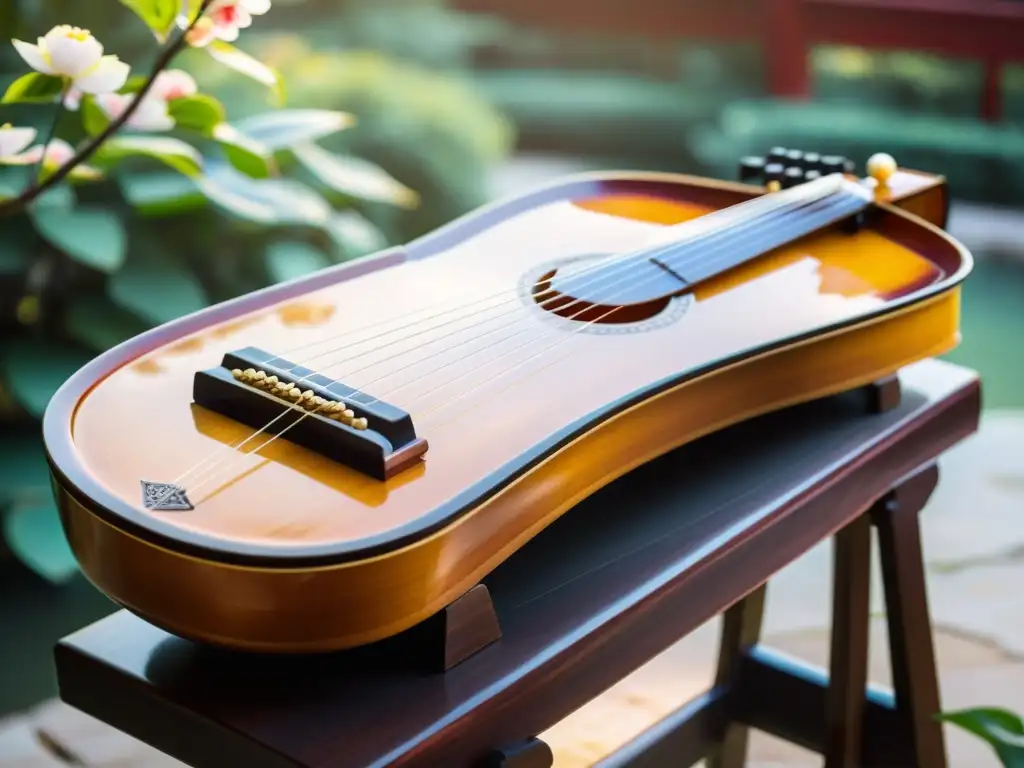 Un guzheng chino descansa en un jardín sereno, bañado por la cálida luz del sol