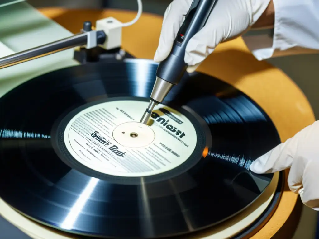 Un científico cuidadosamente digitaliza un frágil disco de vinilo, mostrando avances en la preservación de grabaciones de sonido