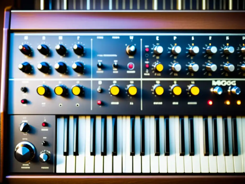 Un Moog vintage con circuitos y botones, cálido y nostálgico, refleja la innovación tecnológica y la expresión artística