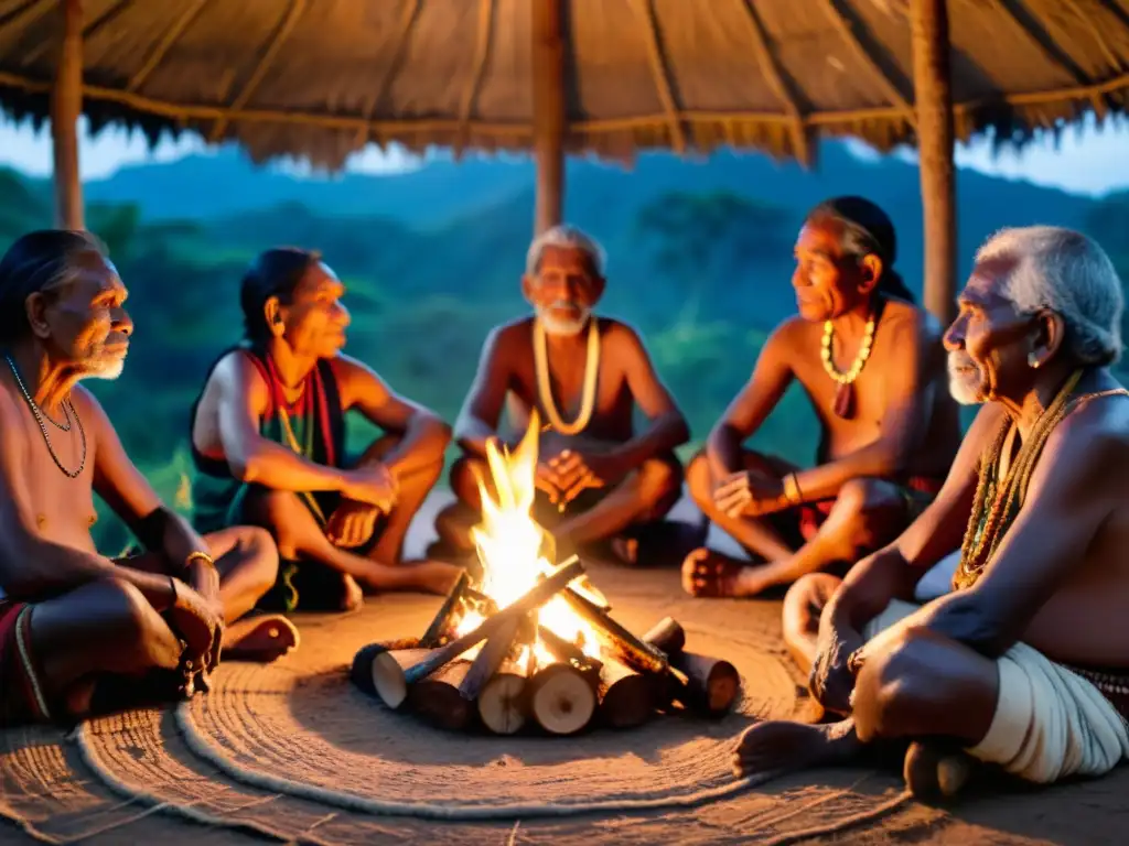 Un círculo de ancianos indígenas comparte historias y música alrededor del fuego en una remota aldea de la selva