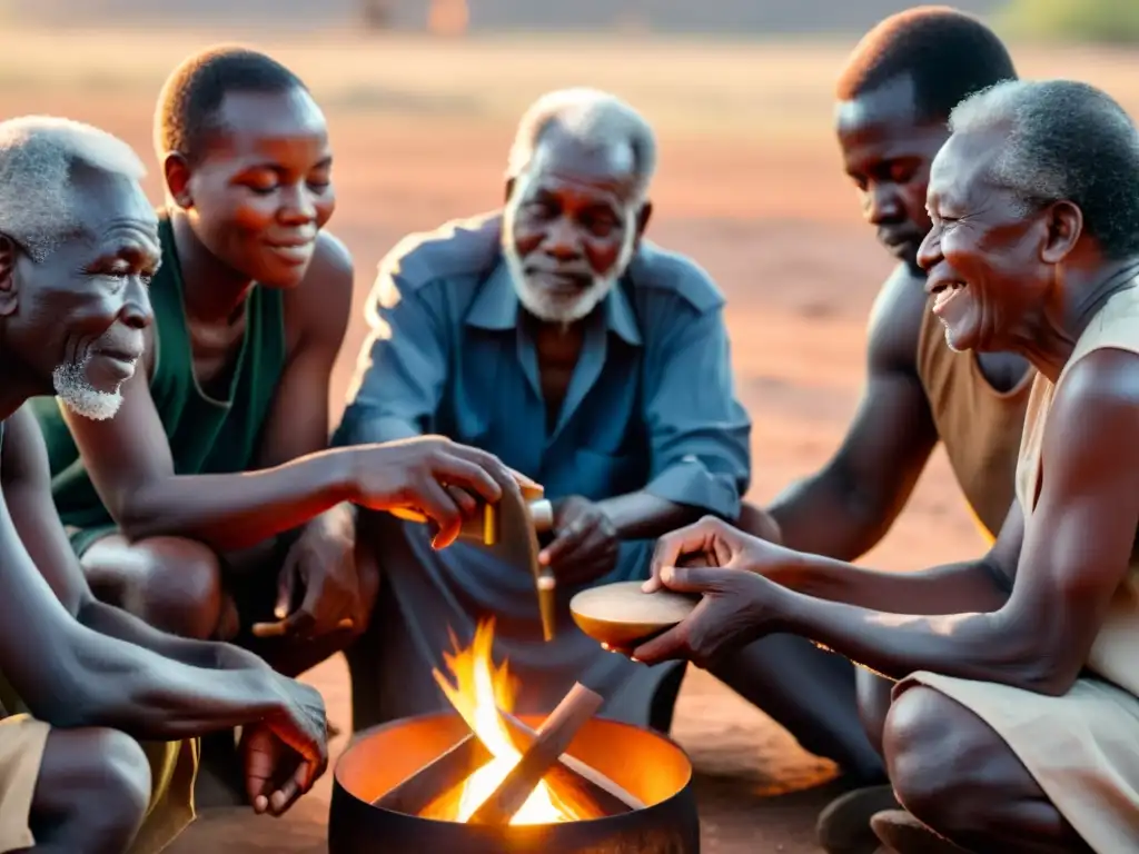 Un círculo de ancianos zimbabuenses se reúnen alrededor de un fuego, escuchando al joven músico tocar el Mbira