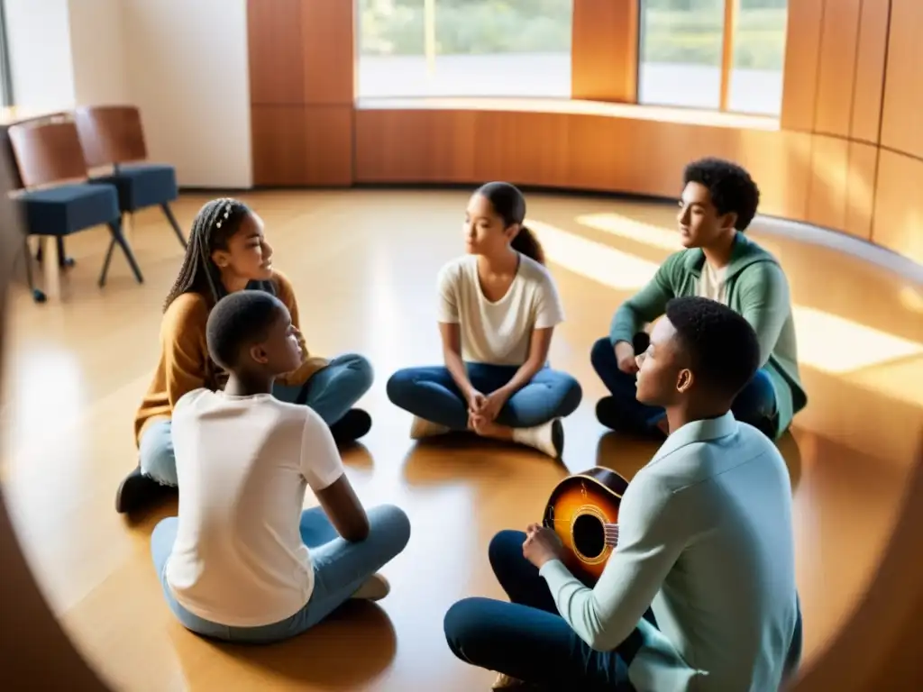 Un círculo de estudiantes crea música y discute proyectos grupales educación musical mientras la luz natural ilumina la sala