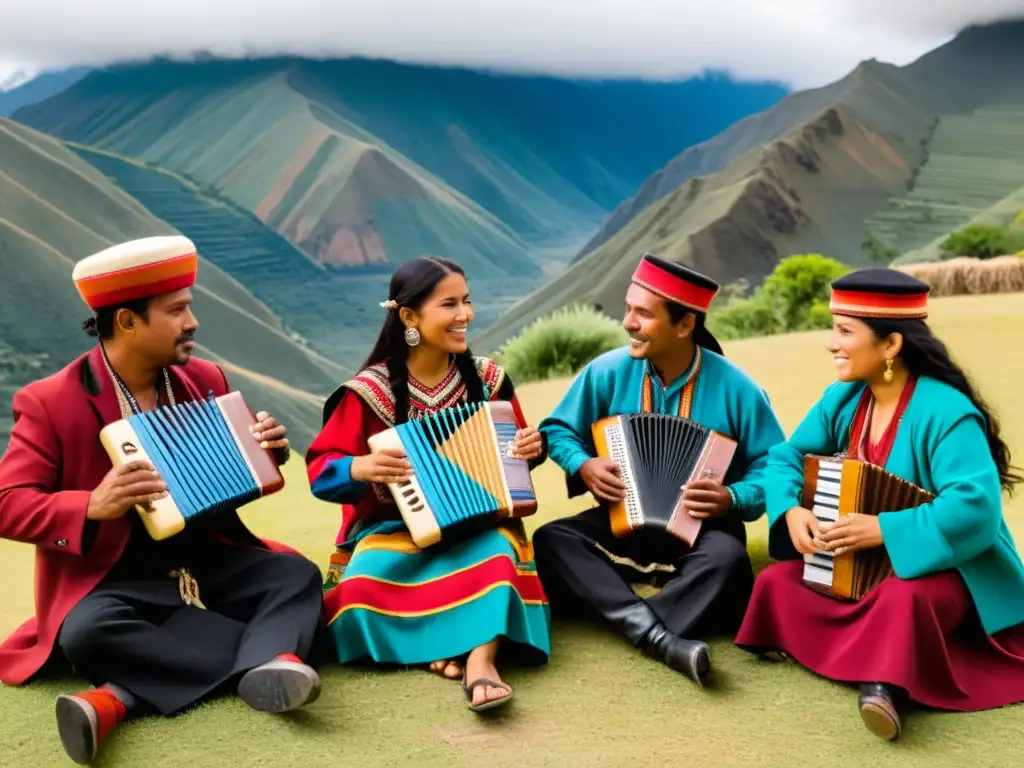 Un círculo de músicos de distintas culturas improvisa música andina en un escenario al aire libre, enriqueciendo el diálogo entre culturas