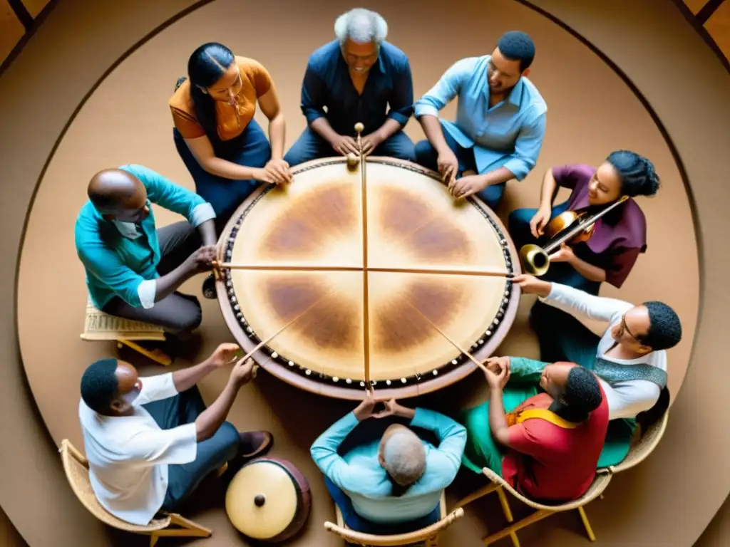 Un círculo de músicos de diversas culturas tocando instrumentos tradicionales en un taller de música