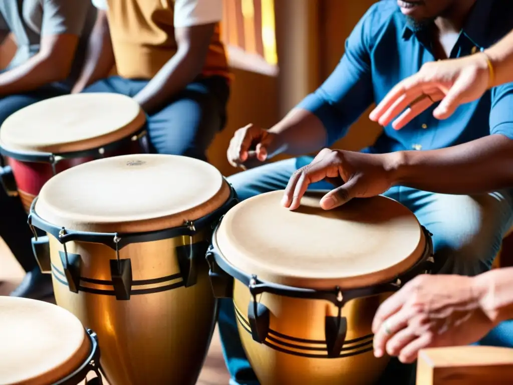 Un círculo de músicos tocando instrumentos de percusión latina, creando ritmos clave