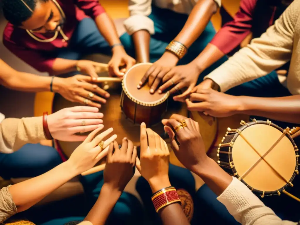 Concierto de músicos diversos unidos en armonía Un círculo de músicos diversos tocando instrumentos tradicionales de todo el mundo, promotores de inclusión social mediante la música