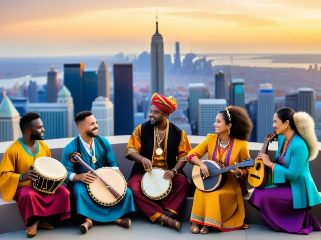 Concierto multicultural: fusionando tradiciones musicales en la ciudad Un círculo de músicos con instrumentos tradicionales de diferentes culturas, fusionando influencias migratorias en la evolución musical