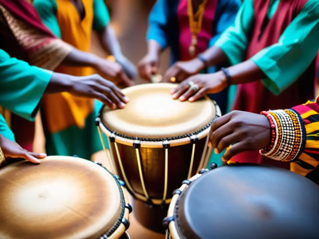 Un círculo de músicos toca tambores africanos con pasión, enérgicos y concentrados