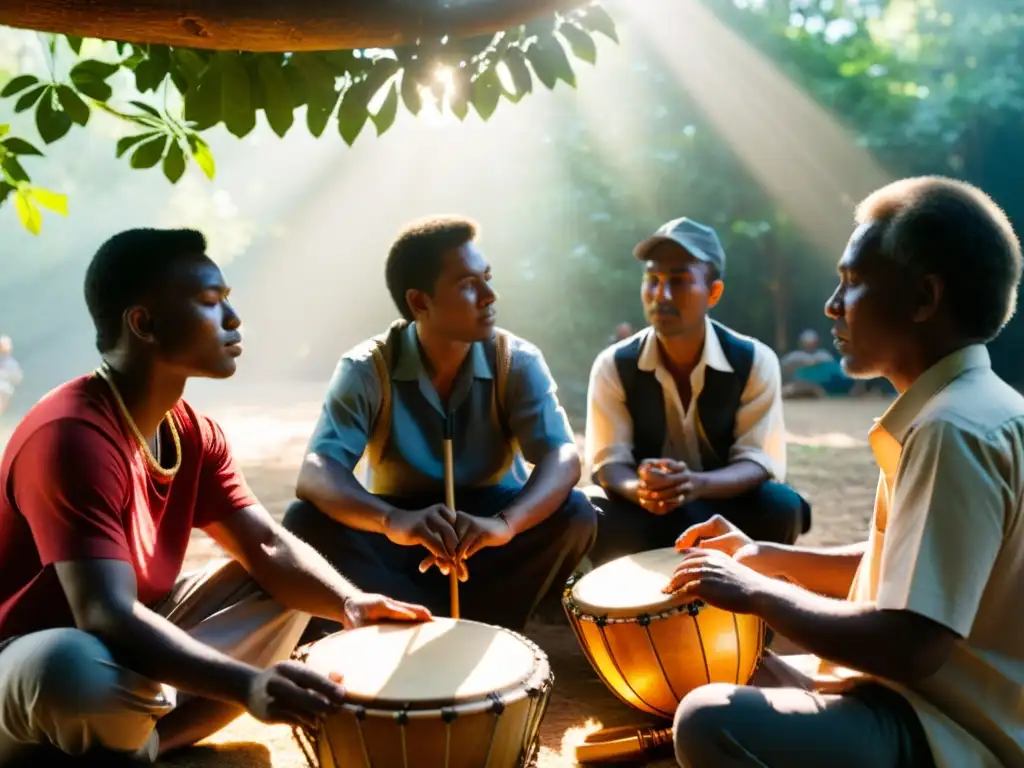 Un círculo de músicos tradicionales tocando sus instrumentos con destreza, iluminados por el sol entre los árboles