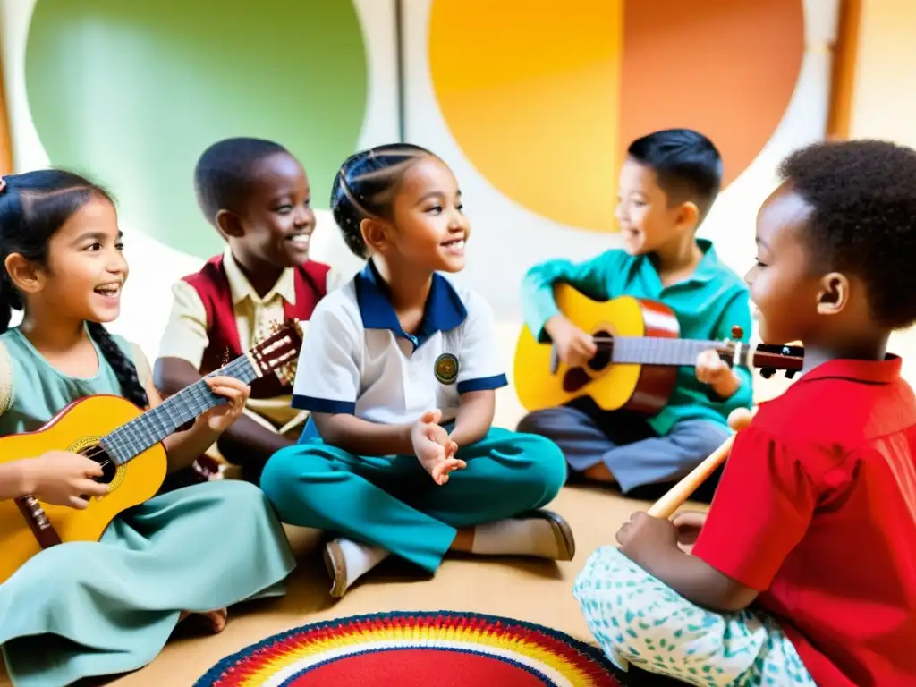 Un círculo de niños de diferentes culturas tocan instrumentos tradicionales, transmitiendo alegría y unidad