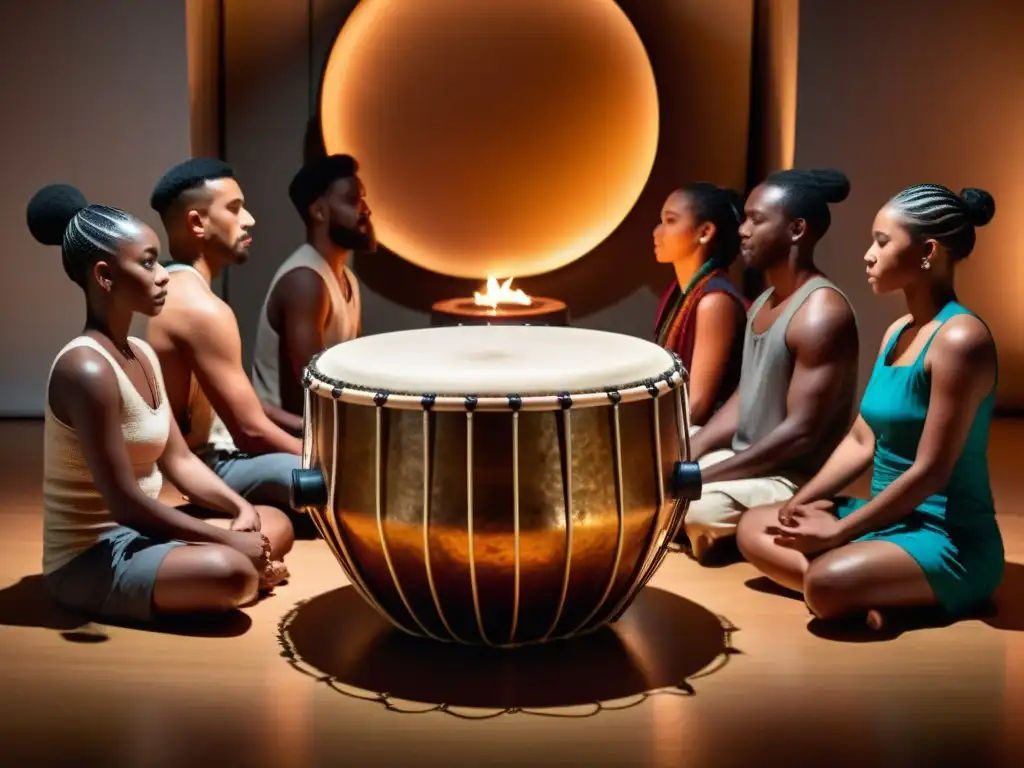 Un círculo de percusionistas de diversas culturas tocan con pasión en una atmósfera íntima iluminada por velas
