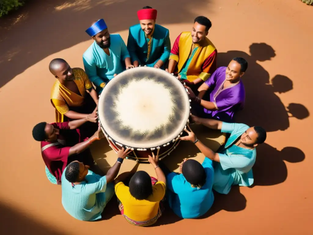 Un círculo de percusionistas de diferentes culturas tocan sus tambores tradicionales