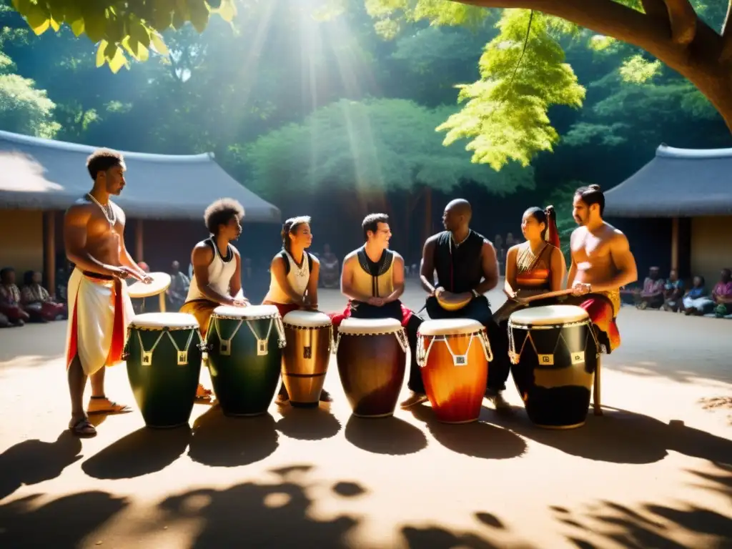 Un círculo de percusionistas de distintos orígenes culturales tocando tambores tradicionales bajo la luz del sol entre los árboles, representando la historia de tambores y percusiones