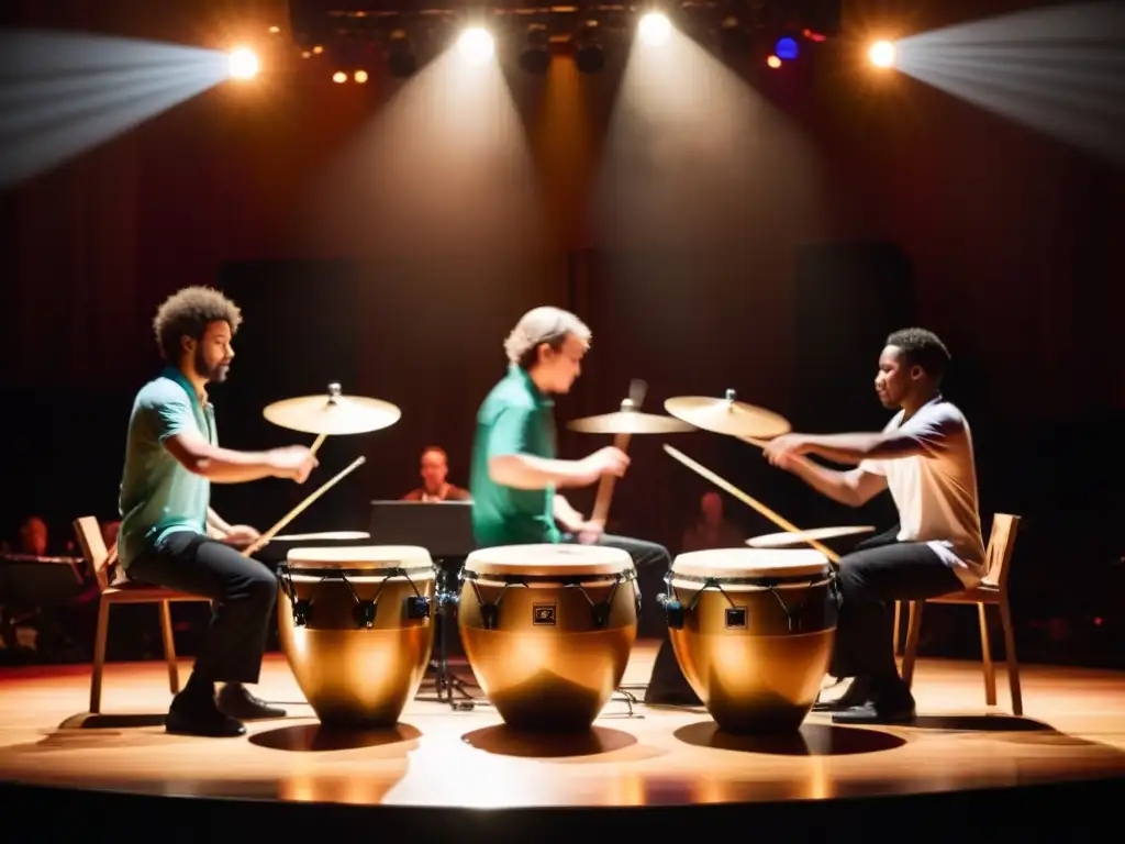 Ritmo y Signos: Percusionistas en Comunicación Un círculo de percusionistas interpreta con pasión, fusionando percusión y lenguaje de señas
