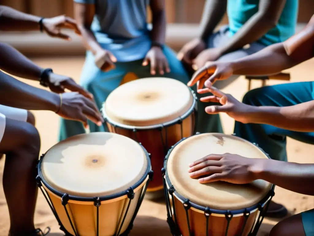 Un círculo de percusionistas ejecutando técnicas percusión reggae Nyabinghi Steppers con djembes, congas y bongos, bajo la cálida luz del atardecer