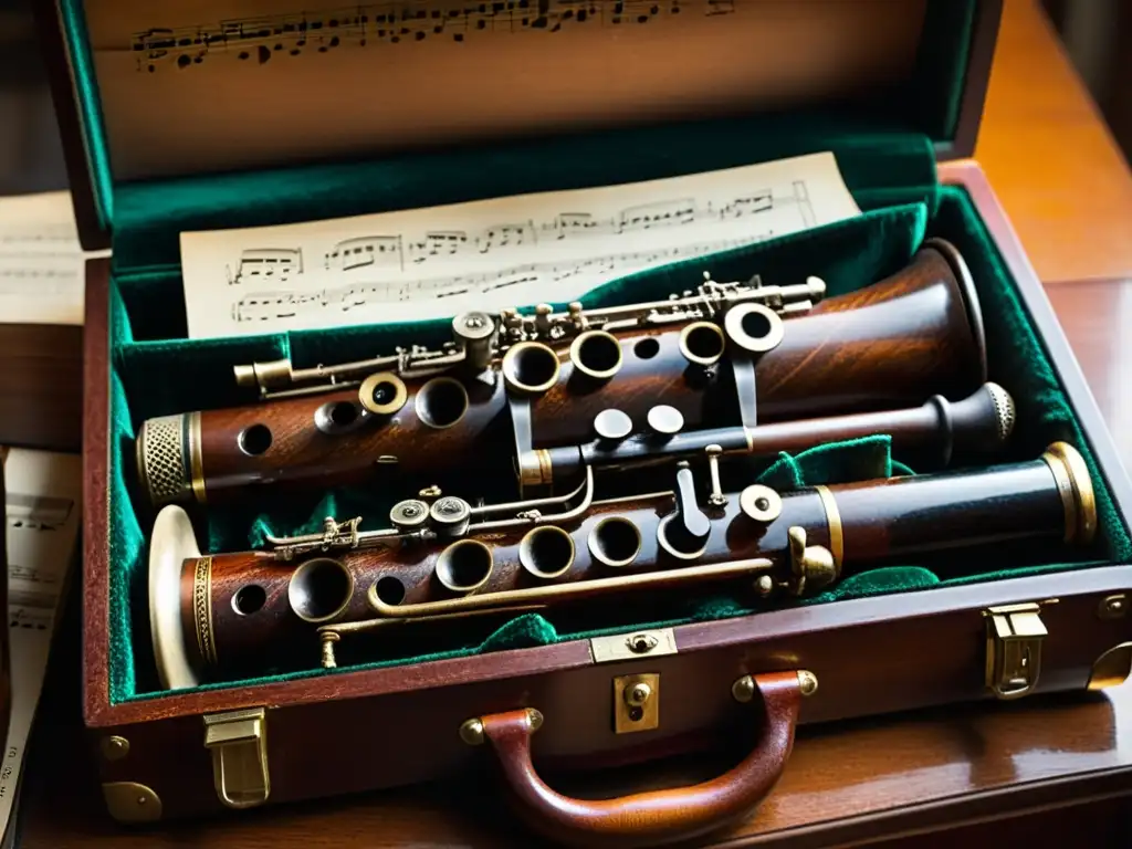 Un clarinete antiguo reposa sobre un estuche de terciopelo, en una habitación tenue llena de partituras e instrumentos