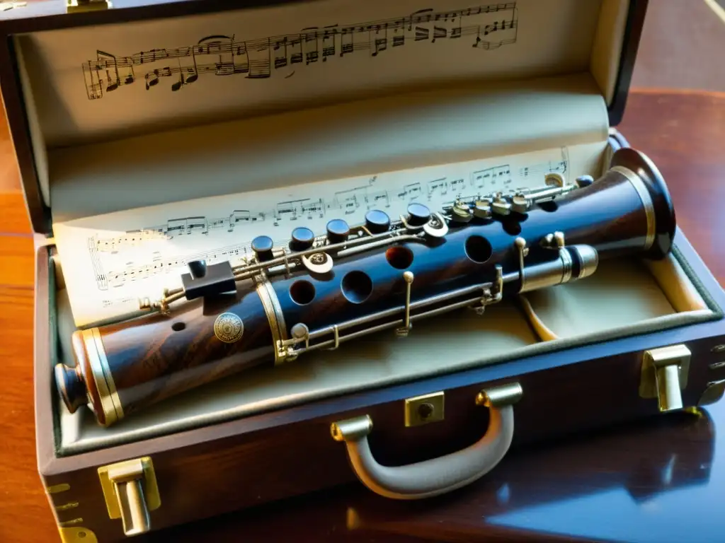 Un clarinete antiguo descansa sobre un estuche de terciopelo, con sus detalles tallados y llaves desgastadas