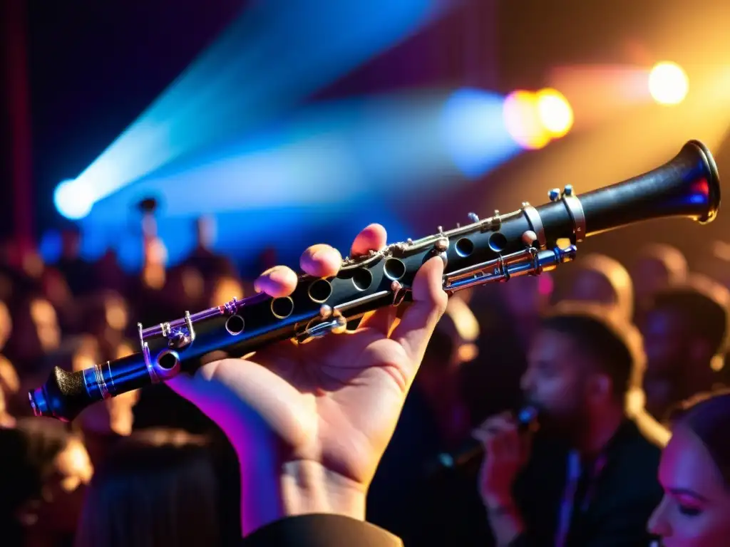 Un clarinete en primer plano, tocado en un concierto de pop, enfocado en los dedos del músico y la importancia del clarinete en pop