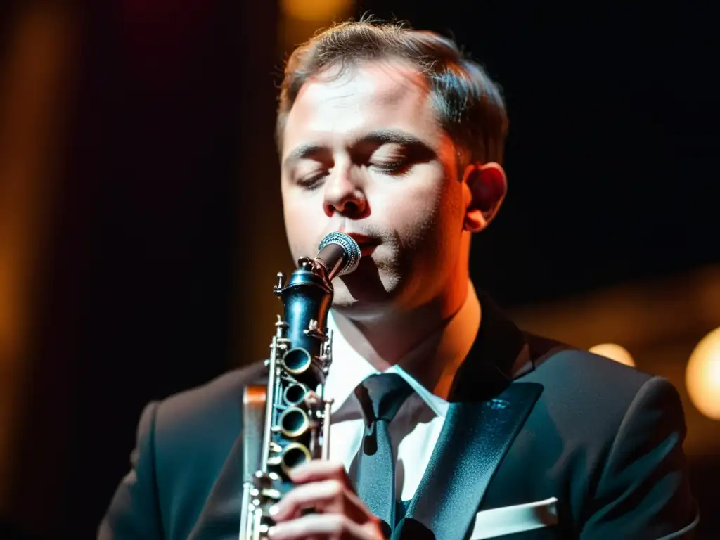 Un clarinetista apasionado interpreta en escena, mostrando intensa emoción